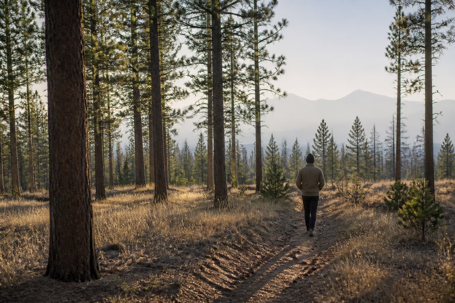 A person walking through a quiet high-desert pine forest